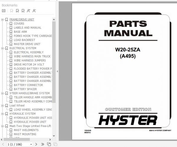 Hyster Electric Motor Hand Trucks A495 W20 25ZA Parts Manual 1524246 1