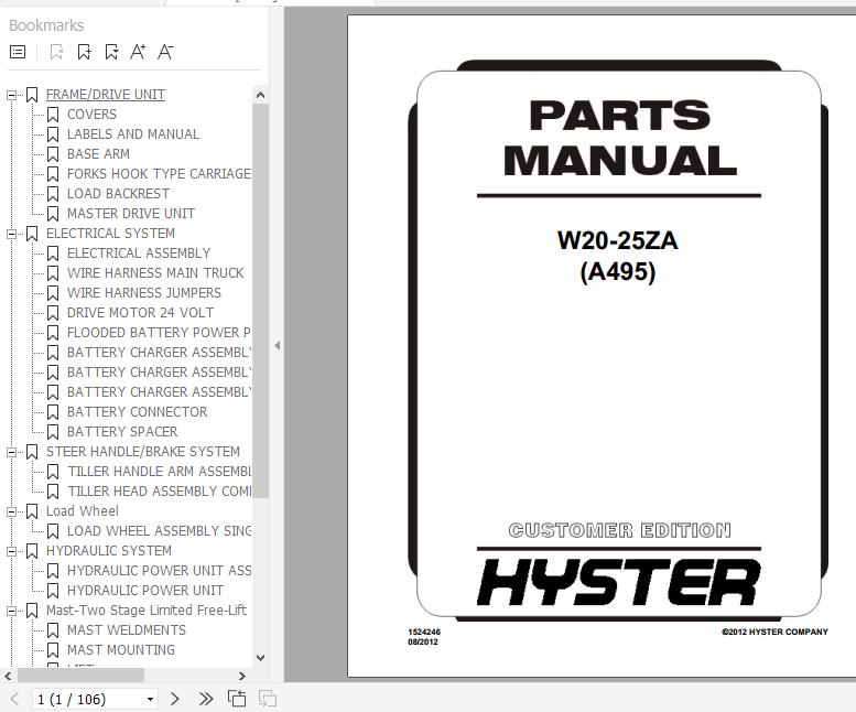 Hyster Electric Motor Hand Trucks A495 W20 25ZA Parts Manual 1524246 1