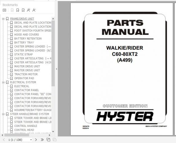 Hyster Electric Motor Hand Trucks A499 C60 80XT2 Parts Manual 2033476 1