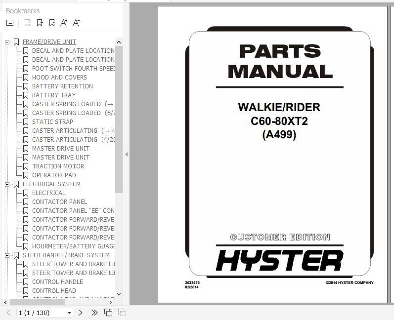 Hyster Electric Motor Hand Trucks A499 C60 80XT2 Parts Manual 2033476 1