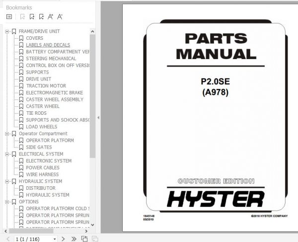 Hyster Electric Motor Hand Trucks A978 P2.0SE Parts Manual 1645148 1