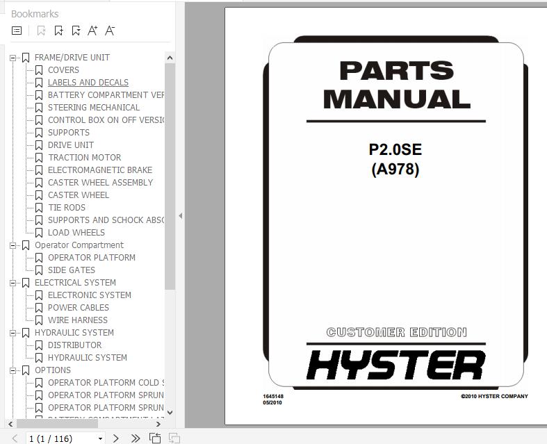 Hyster Electric Motor Hand Trucks A978 P2.0SE Parts Manual 1645148 1