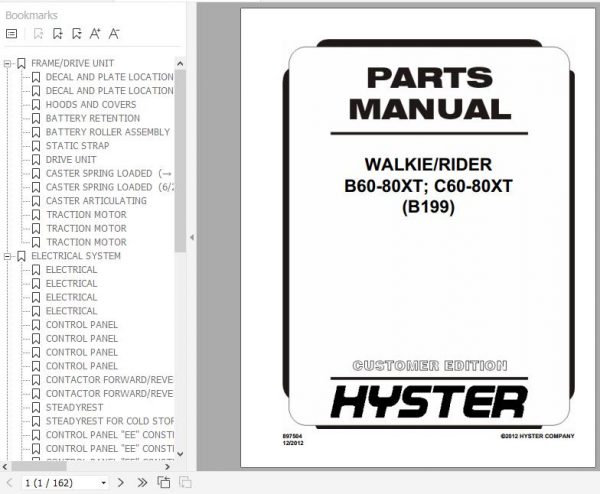 Hyster Electric Motor Hand Trucks B199 B60 80XT C60 80XT Parts Manual 897504 1