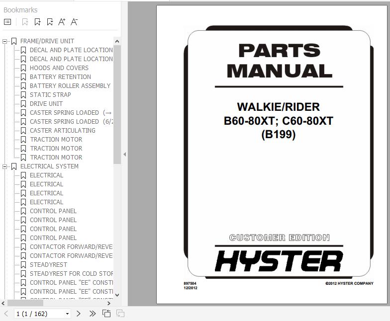 Hyster Electric Motor Hand Trucks B199 B60 80XT C60 80XT Parts Manual 897504 1