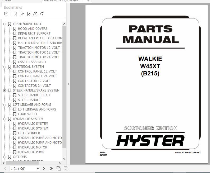 Hyster Electric Motor Hand Trucks B215 W45XT Parts Manual 897941 1