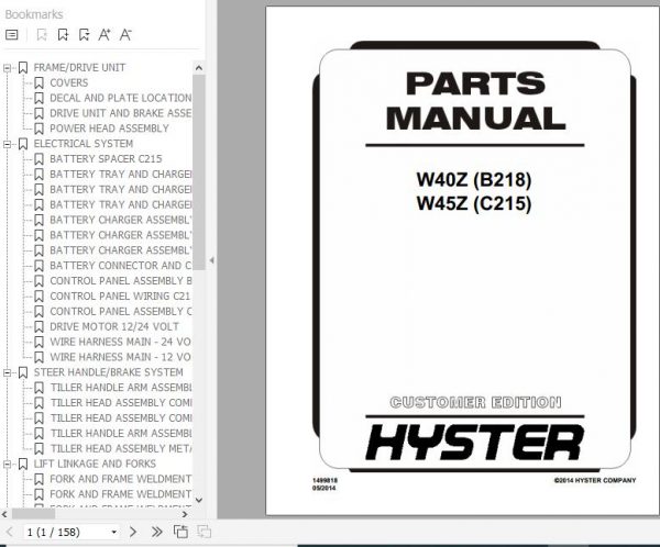 Hyster Electric Motor Hand Trucks B218 W40Z Parts Manual 1499818 1