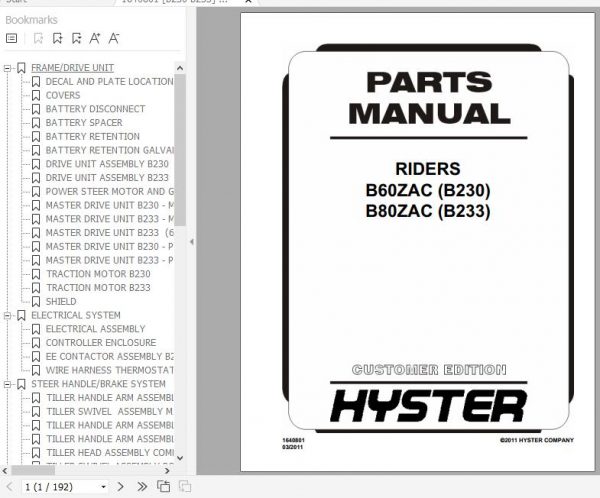 Hyster Electric Motor Hand Trucks B230 B60ZAC B233 B80ZAC Parts Manual 1640801 1