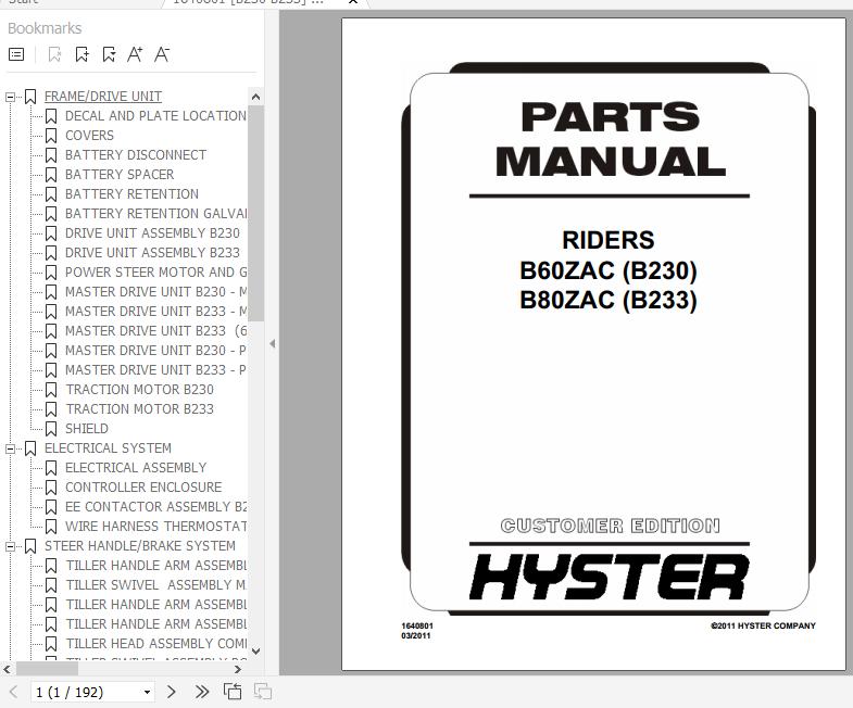 Hyster Electric Motor Hand Trucks B230 B60ZAC B233 B80ZAC Parts Manual 1640801 1