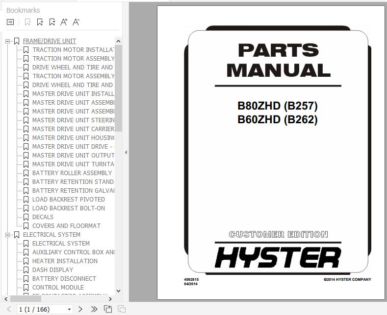 Hyster Electric Motor Hand Trucks B257 B80ZHD B262 B60ZHD Parts Manual 4092815 1