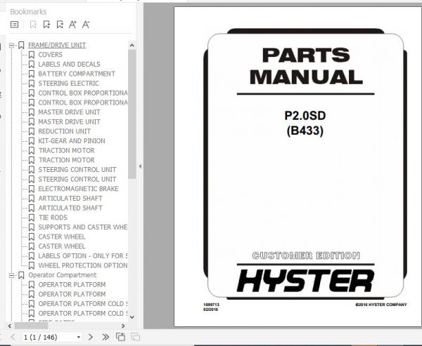 Hyster Electric Motor Hand Trucks B433 P2.0SD Parts Manual 1699713 1