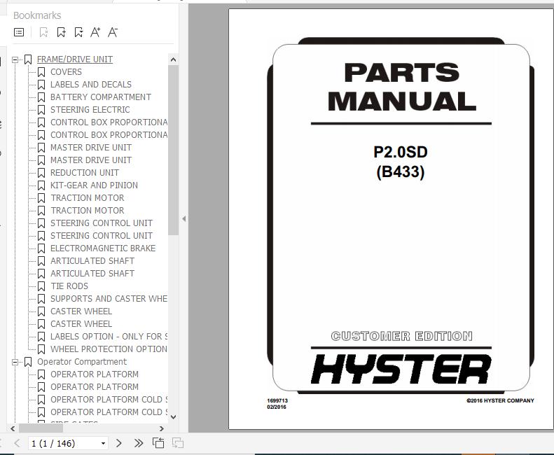 Hyster Electric Motor Hand Trucks B433 P2.0SD Parts Manual 1699713 1