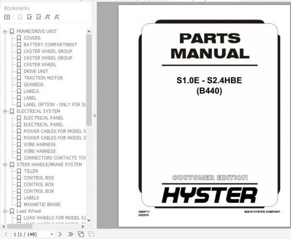 Hyster Electric Motor Hand Trucks B440 S1.0E S2.4HBE Parts Manual 4089711 1
