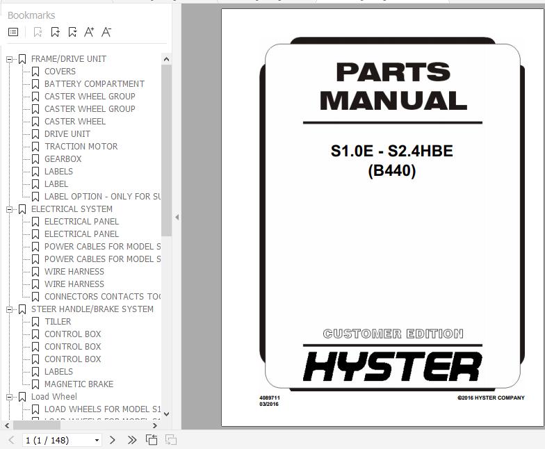 Hyster Electric Motor Hand Trucks B440 S1.0E S2.4HBE Parts Manual 4089711 1