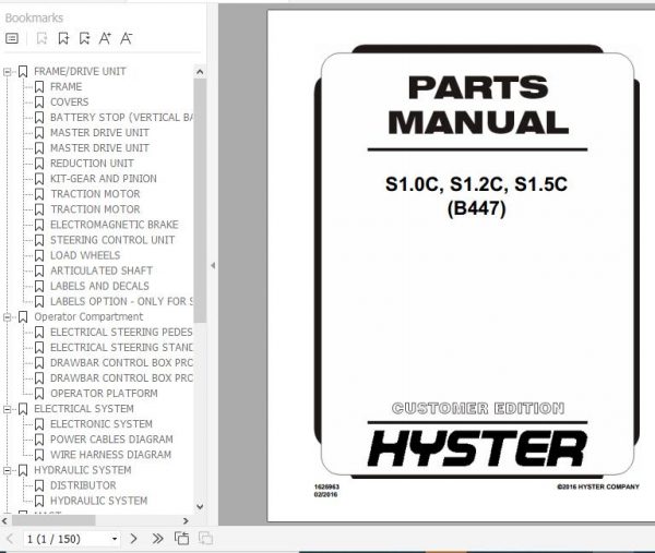 Hyster Electric Motor Hand Trucks B447 S1.0C S1.2C S1.5C Parts Manual 1626963 1