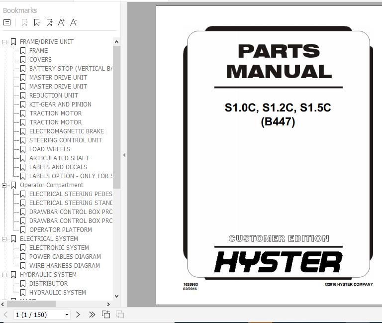 Hyster Electric Motor Hand Trucks B447 S1.0C S1.2C S1.5C Parts Manual 1626963 1