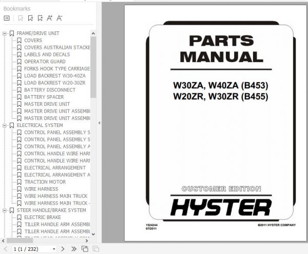Hyster Electric Motor Hand Trucks B453 W30 40ZA B455 W20 30ZR Parts Manual 1524244 1