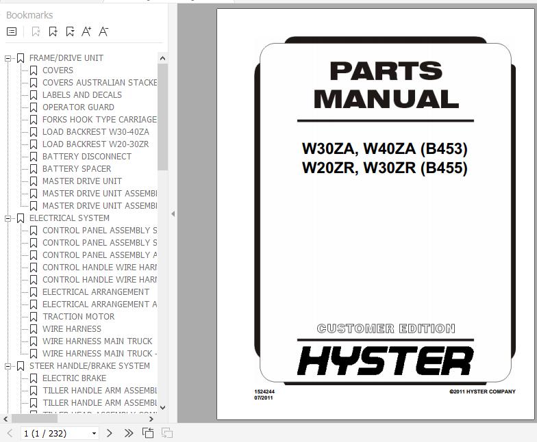 Hyster Electric Motor Hand Trucks B453 W30 40ZA B455 W20 30ZR Parts Manual 1524244 1