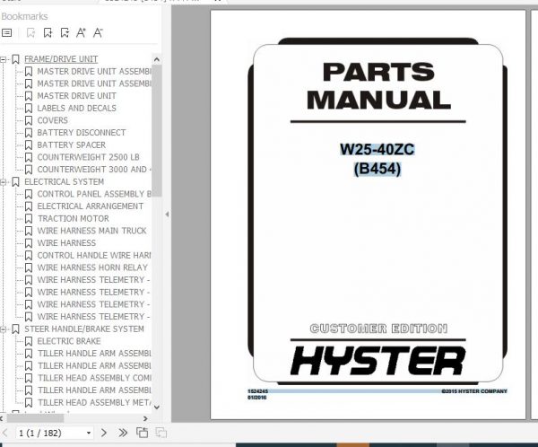 Hyster Electric Motor Hand Trucks B454 W25 40ZC Parts Manual 1524245 1