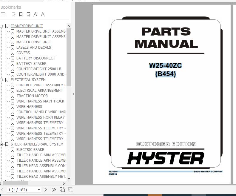 Hyster Electric Motor Hand Trucks B454 W25 40ZC Parts Manual 1524245 1