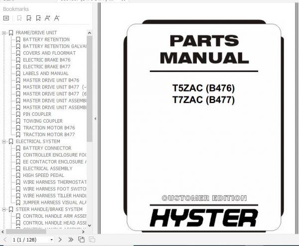 Hyster Electric Motor Hand Trucks B476 T5ZAC B477 T7ZAC Parts Manual 1664887 1
