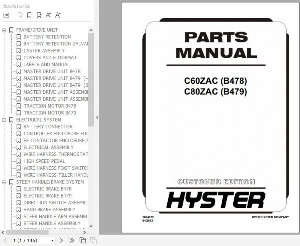 Hyster Electric Motor Hand Trucks B478 C60ZAC B479 C80ZAC Parts Manual 1664972 1