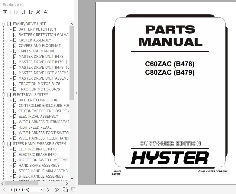 Hyster Electric Motor Hand Trucks B478 (C60ZAC) B479 (C80ZAC) Parts