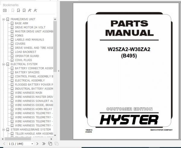 Hyster Electric Motor Hand Trucks B495 W25ZA2 W30ZA2 Parts Manual 1692612 1