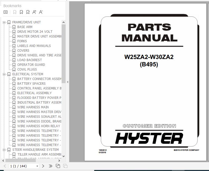 Hyster Electric Motor Hand Trucks B495 W25ZA2 W30ZA2 Parts Manual 1692612 1