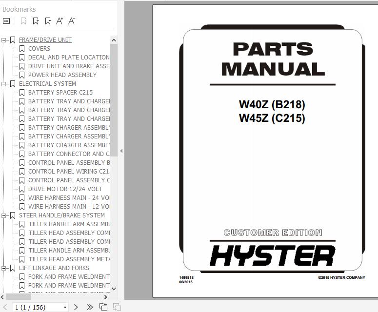 Hyster Electric Motor Hand Trucks C215 W45Z Parts Manual 1499818 1