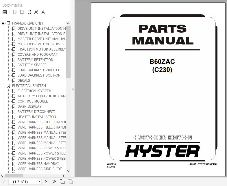 Hyster Electric Motor Hand Trucks C230 B60ZAC Parts Manual 4096116 1