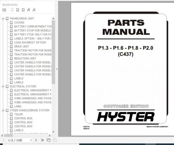 Hyster Electric Motor Hand Trucks C437 P1.3 P1.6 P1.8 P2.0 Parts Manual 1527731 1