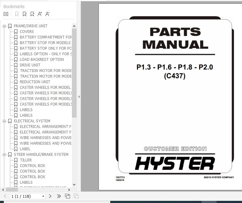 Hyster Electric Motor Hand Trucks C437 P1.3 P1.6 P1.8 P2.0 Parts Manual 1527731 1