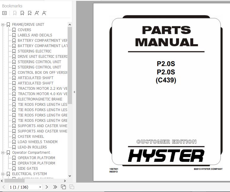Hyster Electric Motor Hand Trucks C439 P2.0S Parts Manual 1567001 1