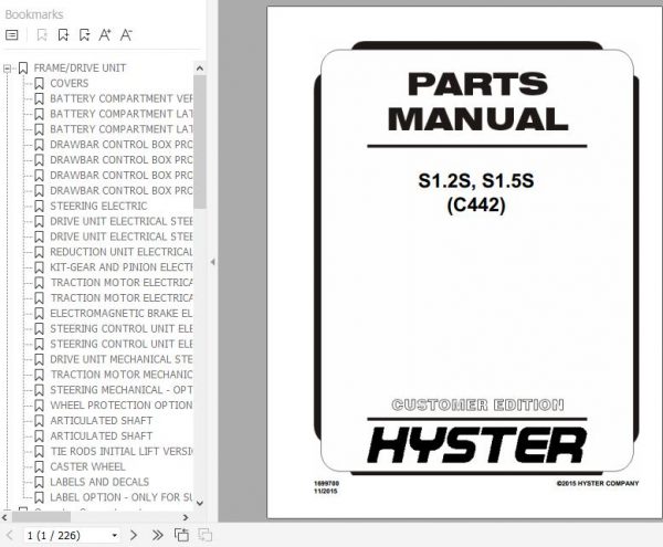 Hyster Electric Motor Hand Trucks C442 S1.2S S1.5S Parts Manual 1699700 1
