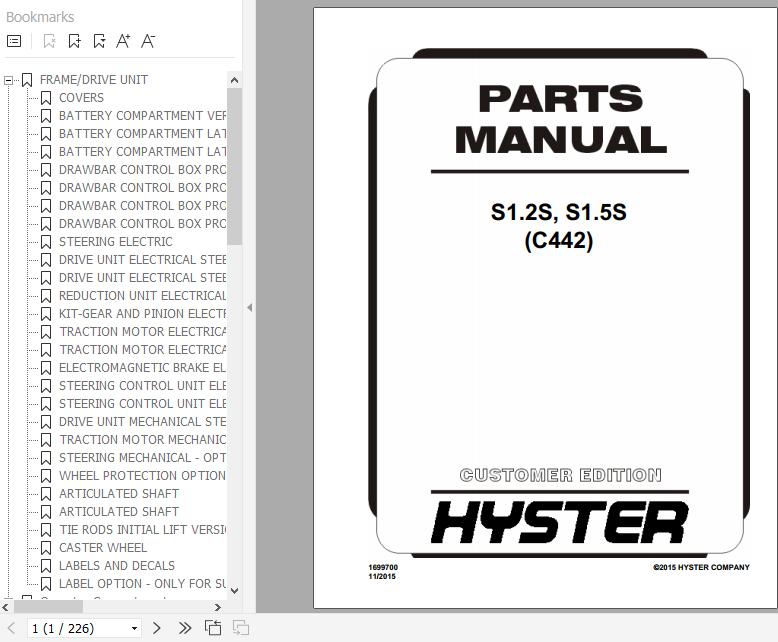 Hyster Electric Motor Hand Trucks C442 S1.2S S1.5S Parts Manual 1699700 1