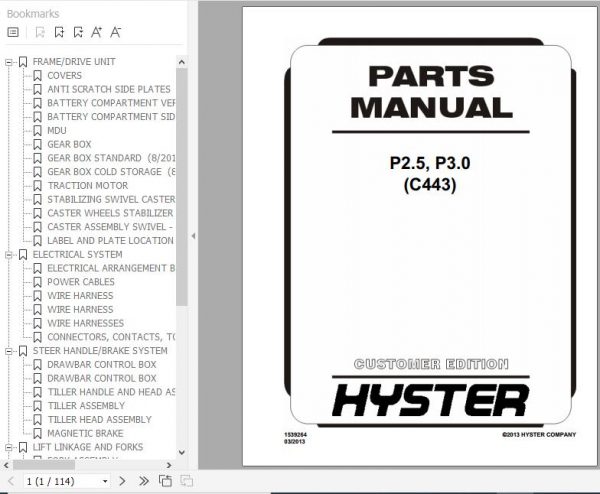 Hyster Electric Motor Hand Trucks C443 P2.5 P3.0 Parts Manual 1539264 1
