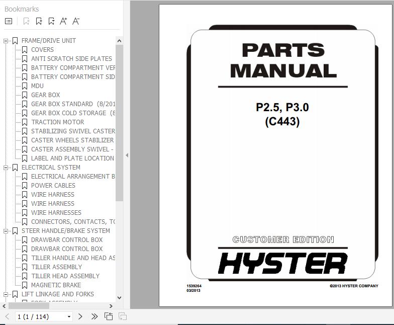 Hyster Electric Motor Hand Trucks C443 P2.5 P3.0 Parts Manual 1539264 1