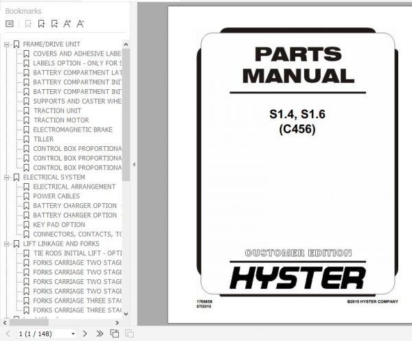Hyster Electric Motor Hand Trucks C456 S1.4 S1.6 Parts Manual 1706858 1
