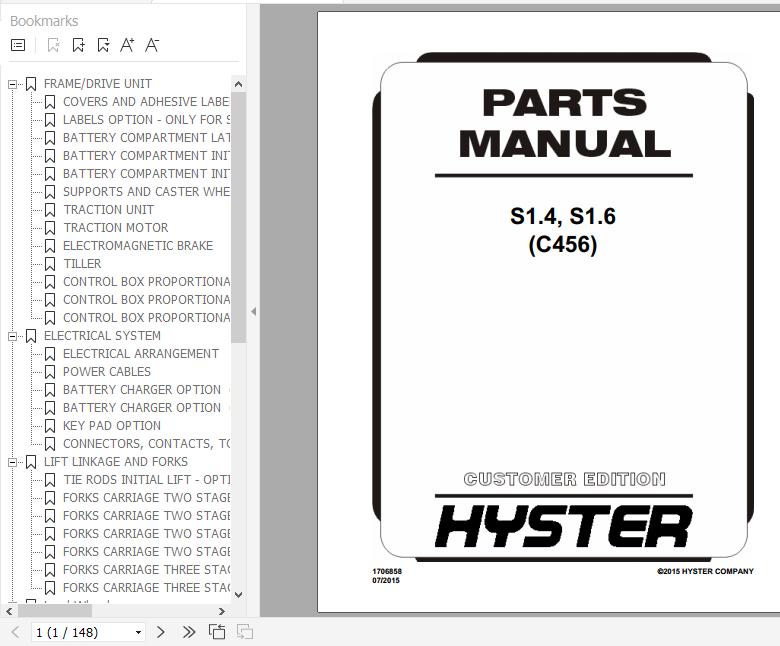 Hyster Electric Motor Hand Trucks C456 S1.4 S1.6 Parts Manual 1706858 1