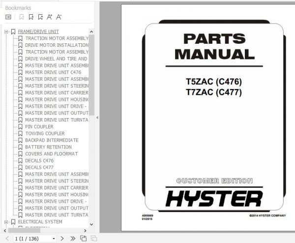 Hyster Electric Motor Hand Trucks C476 T5ZAC C477 T7ZAC Parts Manual 4095989 1