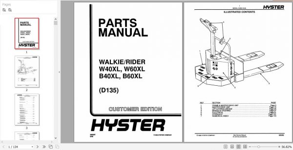 Hyster Electric Motor Hand Trucks D135 WB40XL W60XL B40XL B60XL Parts Manual 599597 1
