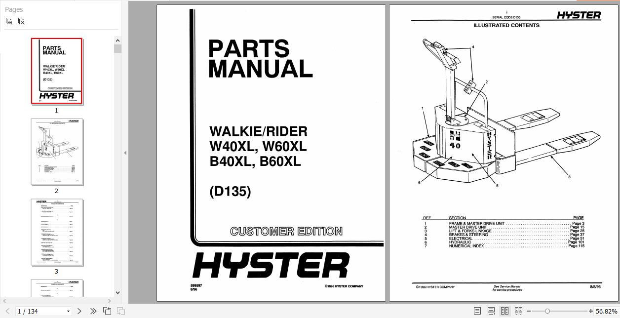 Hyster Electric Motor Hand Trucks D135 WB40XL W60XL B40XL B60XL Parts Manual 599597 1