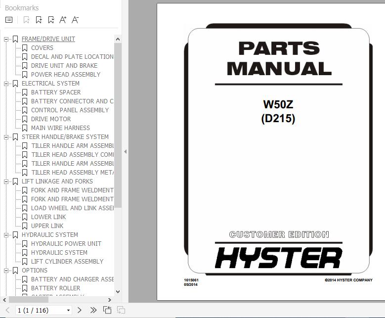 Hyster Electric Motor Hand Trucks D215 W50Z Parts Manual 1615061 1