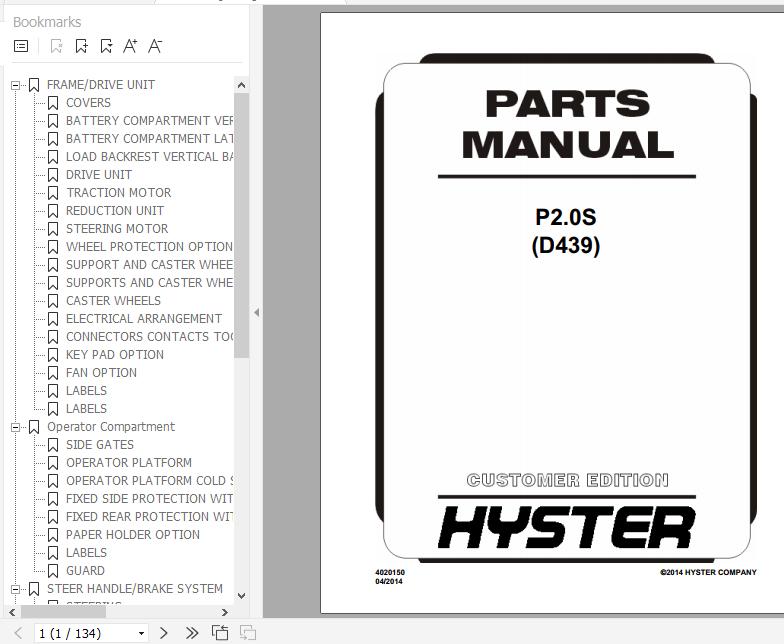 Hyster Electric Motor Hand Trucks D439 P2.0S Parts Manual 4020150 1