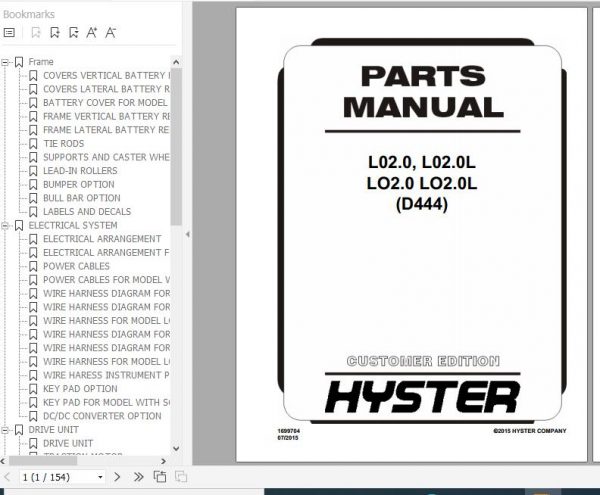 Hyster Electric Motor Hand Trucks D444 LO2.0 LO2.0L Parts Manual 1699704 1