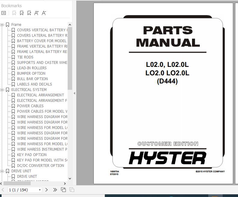 Hyster Electric Motor Hand Trucks D444 LO2.0 LO2.0L Parts Manual 1699704 1