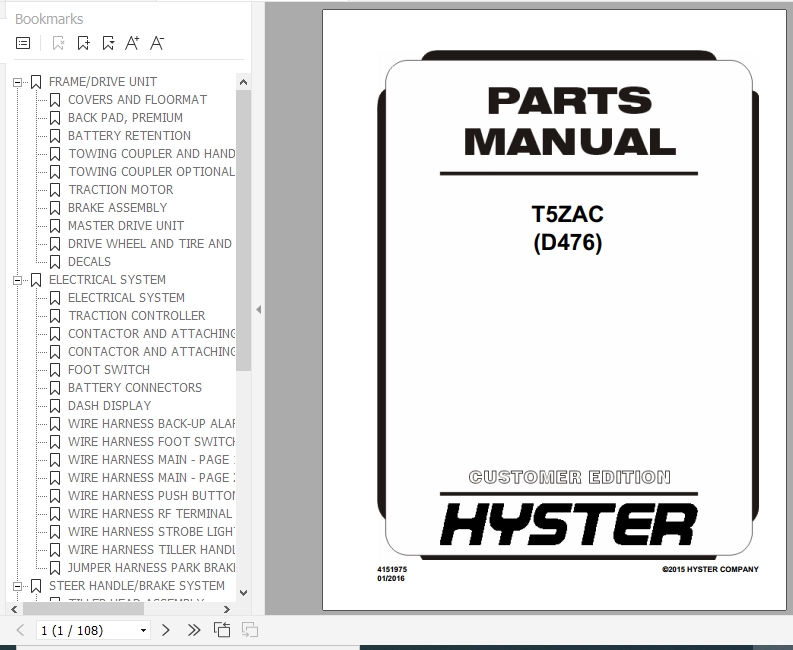 Hyster Electric Motor Hand Trucks D476 T5ZAC Parts Manual 4151975 1