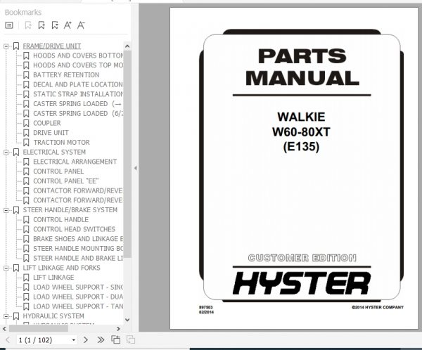 Hyster Electric Motor Hand Trucks E135 W60 80XT Parts Manual 897503 1