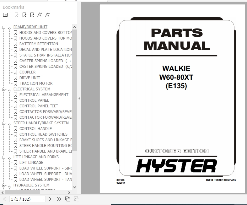 Hyster Electric Motor Hand Trucks E135 W60 80XT Parts Manual 897503 1
