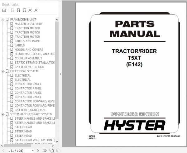 Hyster Electric Motor Hand Trucks E142 T5XT Parts Manual 897518 1